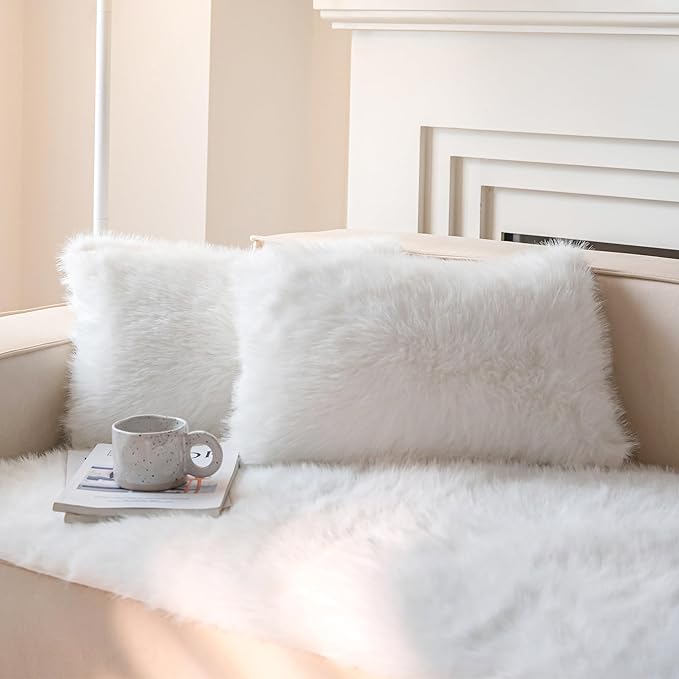 Neelvin Cream White Faux Fur Cozy Fluffy Double-Sided Decorative Throw Pillow Covers 12x20 inch Set of 2,Velvet Pillowcase Cushion Case for Sofa Couch