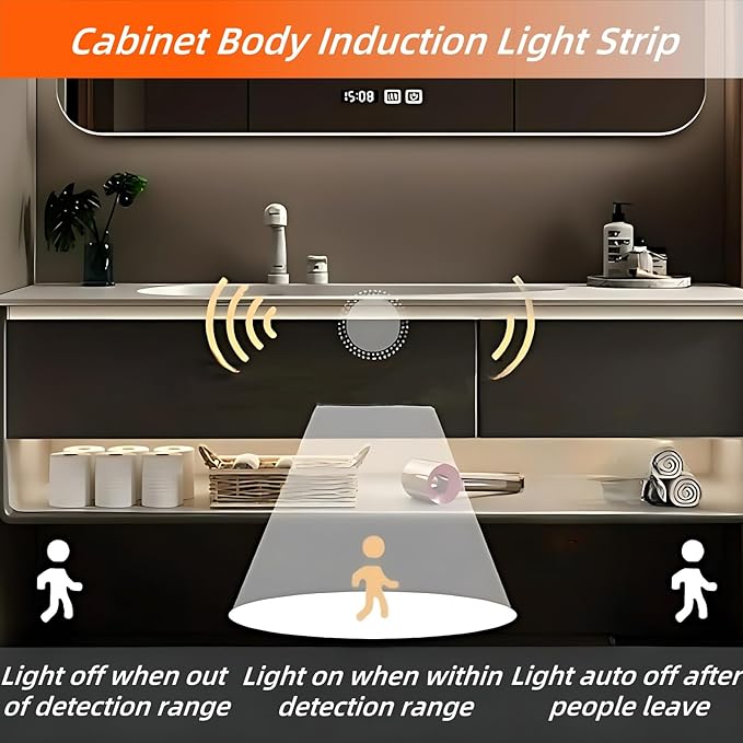 48IN Grey Bathroom Vanity Set - Floating Bathroom Vanity with Single Sink | Including LED Smart Defogging Mirror Cabinet & Time Display Function, Equipped with Motion Sensing Light Strip (Style A)