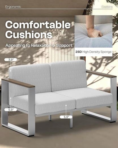 Aluminum Patio Furniture Set, 5 Seats Outdoor Patio Conversation Sets with Ergonomic Seat and Wide Washable Thick Cushions, Modern Outdoor Sectional Furniture for Balcony, Porch (Gray)
