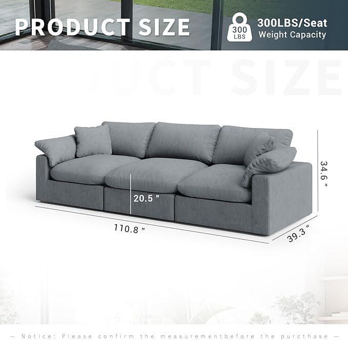 Modular Sectional Sofa Cloud Couch,Down Filled Comfy Cloud Modern Sofa,3 Seater Oversized Couch Cushion Covers Removable for Living Room,Light Blue