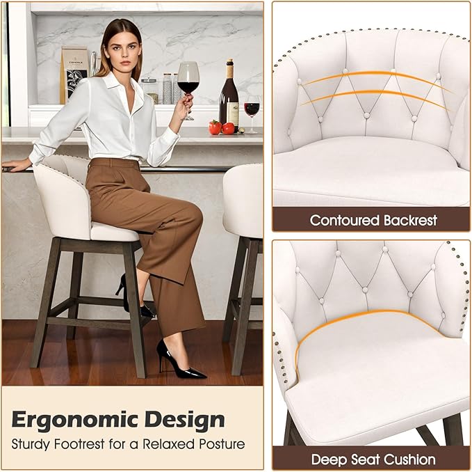 COSTWAY Counter Height Bar Stools Set of 4, Fabric Upholstered Island Stools with 360° Swivel Seat & Button-Tufted Back, Modern Pub Stools with Solid Rubber Wood Frame (Beige,4)