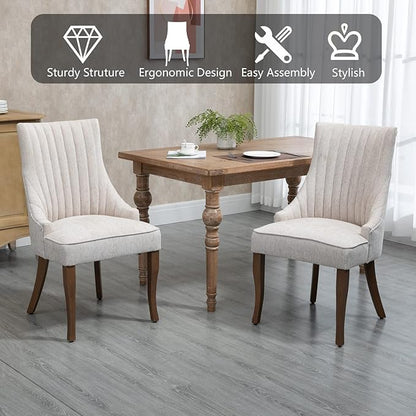 mikibama Linen Dining Chairs Set of 2 Channel Tufted Kitchen Dinner Chair Comfy Fabric Upholstered Accent Chair for Dining Room with Solid Wood Legs (Beige)
