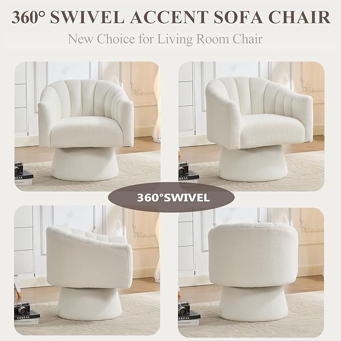 Swivel Accent Chair Set of 2, Upholstered Teddy 360° Swivel Barrel Chair for Living Room Overstuffed Bouncle Reading Chair Round Armchair for Bedroom,Vanity,Office-White