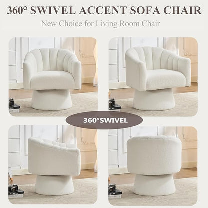 Swivel Accent Chair Set of 2, Upholstered Teddy 360° Swivel Barrel Chair for Living Room Overstuffed Bouncle Reading Chair Round Armchair for Bedroom,Vanity,Office-White