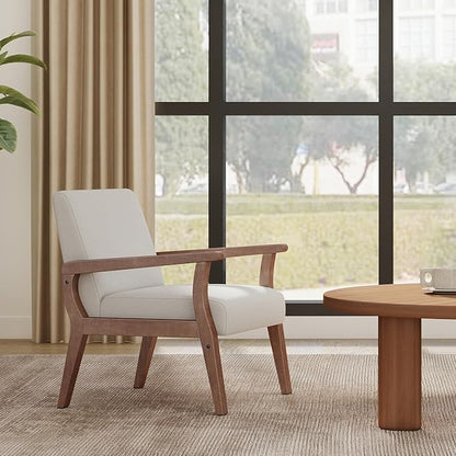Accent Chair Mid Century Modern Armchair, Linen Upholstered Living Room Accent Armchair with Wood Frame, Farmhouse Chair Indoor Corner Chair for Living Room Bedroom, Ivory