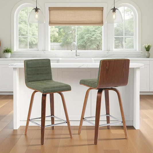 Vienna Modern Counter Height Swivel Bar Stool with Vintage Green Upholstered Seat and Walnut Finished Wood Frame Set of 3