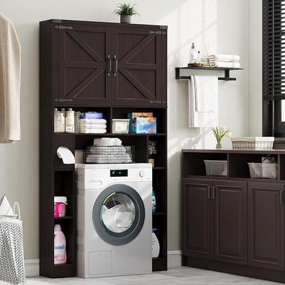 Vabches Over The Toilet Storage Cabinet, Farmhouse Storage Cabinet Over Toilet with 2 Barn Doors ，Toilet Paper Holder Stand，Home Space-Saving Toilet Rack, for Laundry, Restroom, Bathroom(Walnut)