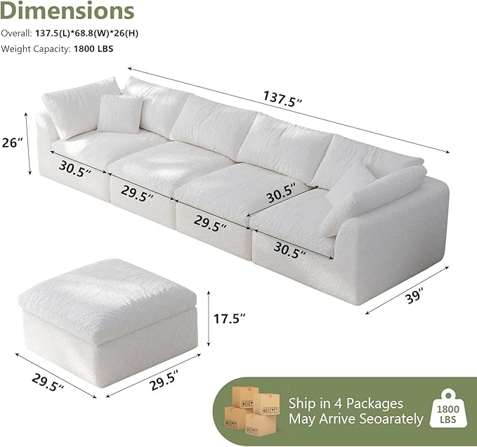 138" Boneless Cloud Couch Modular Sectional Sofa with Deep Seat for Living Room, L Shape Couch with Ottoman, Snowflake Cloth and 40D Memory Sponge，2 Throw Pillows (White, 4 Seater+2 Ottoman)