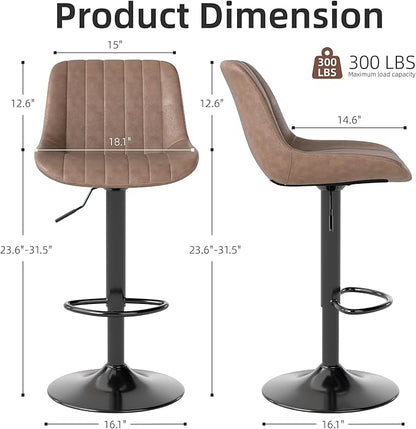 Youhauchair Bar Stools Set of 2, Swivel Counter Height Barstools with Back, Adjustable PU Leather Bar Chairs, Modern Armless Kitchen Island Stool, Light Brown