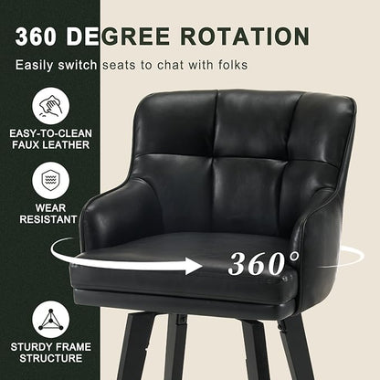 360°Swivel Counter Height Bar Stools with Back, 26 inch Solid Wood Legs, Bar Stool Modern Kitchen Island Chairs, Faux Leather (Black- Faux Leather, 26" H- Set of 1)