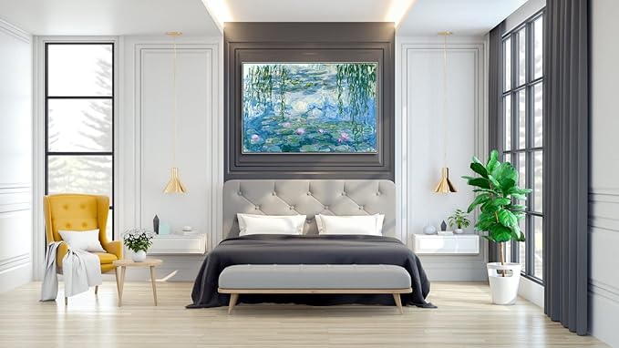 Wieco Art Extra Large Silver Framed Canvas Print Water Lilies by Claude Monet Paintings Reproduction Modern Canvas Wall Art for Home and Office Decoration Abstract Artwork