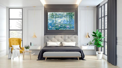 Wieco Art Extra Large Silver Framed Canvas Print Water Lilies by Claude Monet Paintings Reproduction Modern Canvas Wall Art for Home and Office Decoration Abstract Artwork