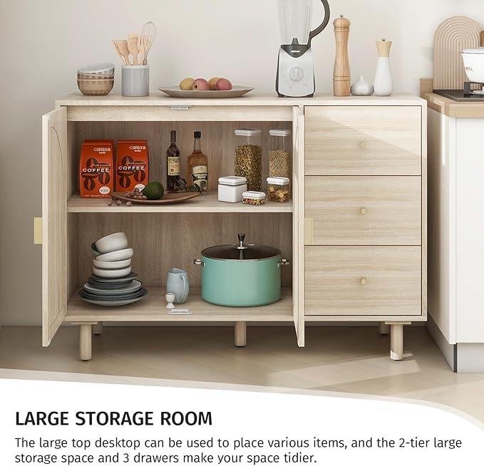 Beige 2 Door 3 Drawer Rattan Cabinet, Accent Storage Cabinets with Cane Door, Stylish Boho Buffet Table with Storage,Black Rattan Cabinet Wood Credenza for Dining Room,Bathroom,Study,Kitchen
