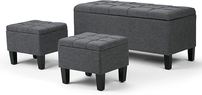 SIMPLIHOME Dover 44 inch Wide Contemporary Rectangle 3 Pc Storage Ottoman in Slate Grey Linen Look Fabric, Assembled, For the Living Room, Entryway and Family Room