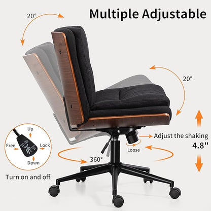 Armless Modern Walnut Office Desk Chair with Wheels, Adjustable Wide Swivel Task Chair, Ergonomic Cross Legged Fabric Chair for Conference Room, Home Office (Black)