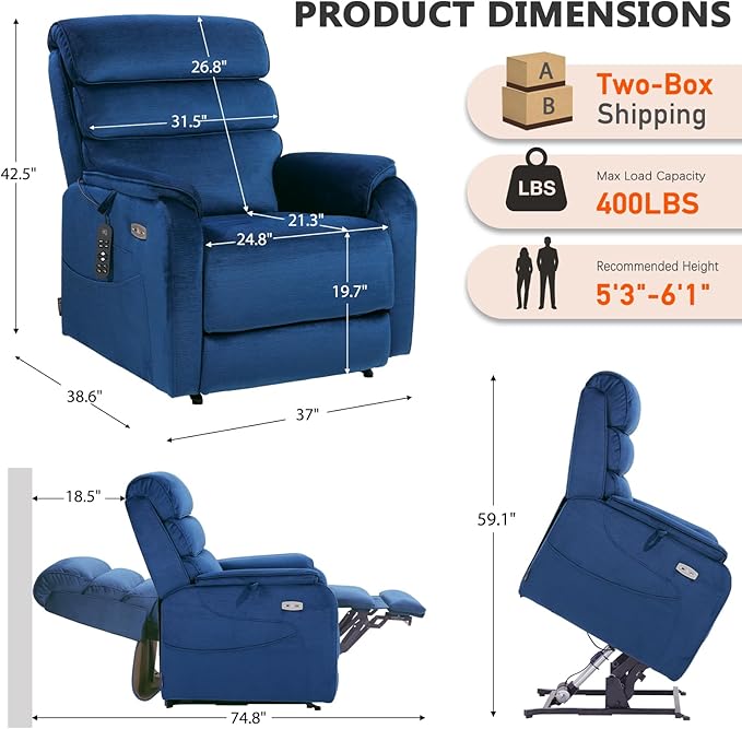 EONIX Wide Lay Flat Power Lift Recliner Chair for Elderly, Heavy Duty Oversized Fabric Lift Chairs Recliner Sofa with Heat and Massage and Charging Ports, Chenille Blue