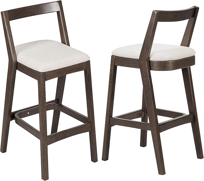 Christopher Knight Home Yone Counter Height Bar Stools Set of 2, Comfy Fabric Upholstered Bar Stool for Kitchen Island, Wooden Dining Room Chair, Barstools with Footrest/Backrest, Beige + Dark Brown