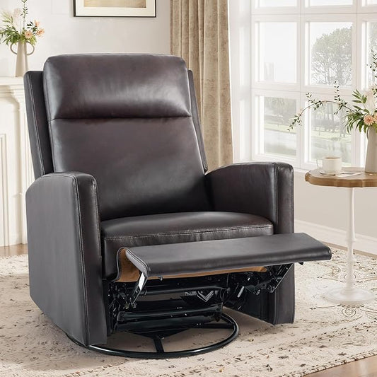 COLAMY Swivel Rocking Recliner,Wide PU Leather Glider Sofa Chair with Ergonomic High Backrest for Living Room,Bedroom（Chocolate Brown ）