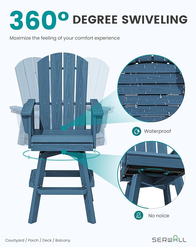 SERWALL 3-Piece Swivel Adirondack Bar Set, HDPE Swivel Bar Height Chairs Set of 2 with Bar Table, All-Weather Outdoor Barstools for Patio, Poolside, Garden, Blue