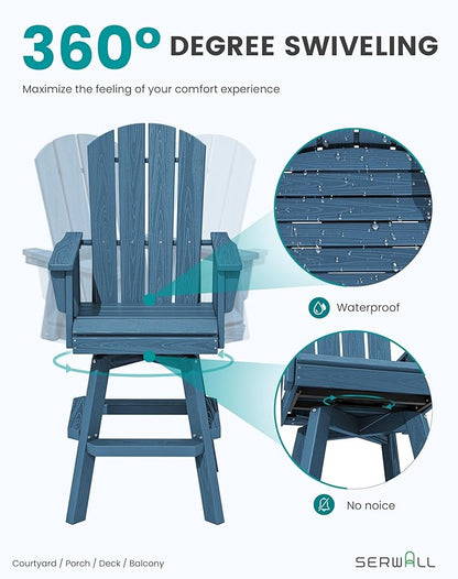 SERWALL 3-Piece Swivel Adirondack Bar Set, HDPE Swivel Bar Height Chairs Set of 2 with Bar Table, All-Weather Outdoor Barstools for Patio, Poolside, Garden, Blue