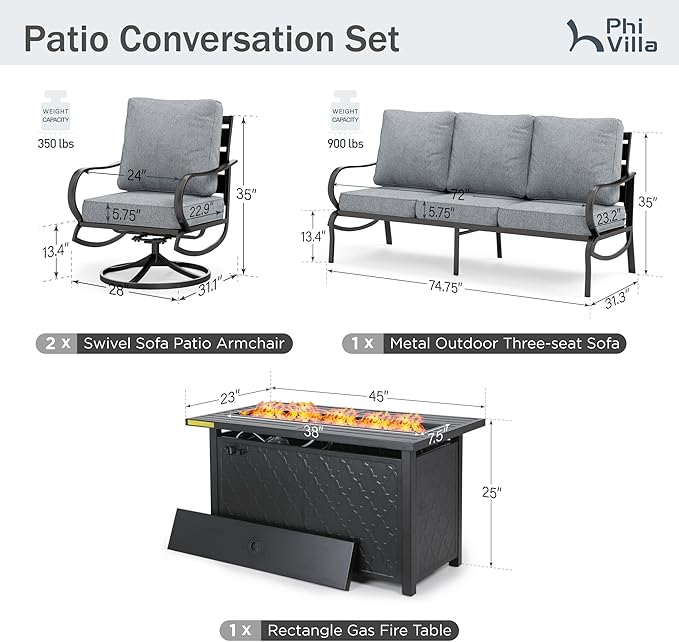 PHI VILLA 4 Piece Patio Furniture with Metal FirePit Table, 1 x 3-Seat Wide Deep Seating Bench & 2 x Swivel Sofa Chairs, 5.75" Thick Cushioned Outdoor Furniture Conversation Set for 5, Grey