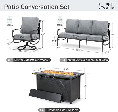 PHI VILLA 4 Piece Patio Furniture with Metal FirePit Table, 1 x 3-Seat Wide Deep Seating Bench & 2 x Swivel Sofa Chairs, 5.75" Thick Cushioned Outdoor Furniture Conversation Set for 5, Grey