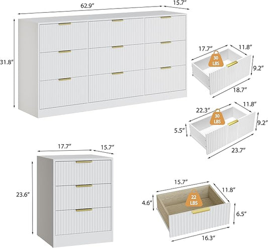 3-Piece Modern Bedroom Furniture Set, Wide 9-Drawer Dresser & 3-Drawer Nightstands Set of 2, Natural Wood Dresser and Nightstand Sets for Bedroom, Hallway, White