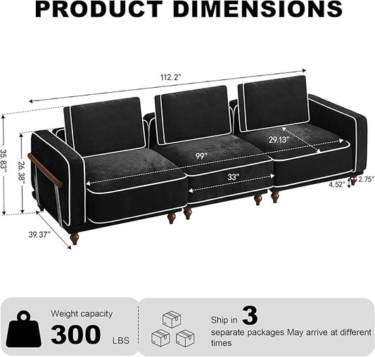 112" Cloud Modular Sectional Sofa,Oversized Deep 3 Seater Couch with Armrests Wooden Legs,Comfy Thicked Cushion Upholstered Sofa for Living Room Bedroom,Black