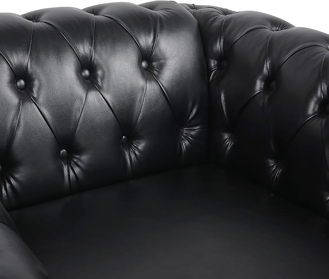 LEVNARY Leather Upholstered Armchair, Mid-Century Modern Single Sofa Chair with Rolled Arms and Nailhead, Tufted Pu Leather Chesterfield Chair for Home Bedroom Reading Room (Black)