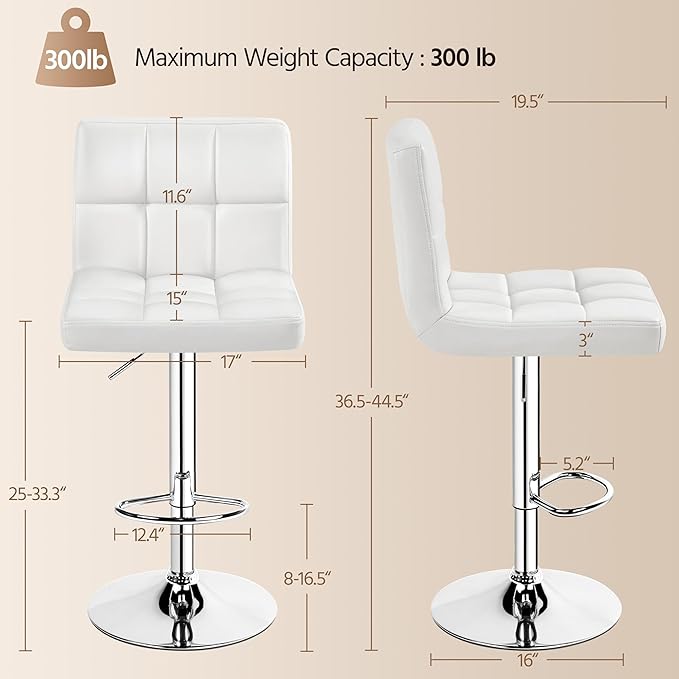 Yaheetech Bar Stools Set of 3, Adjustable PU Leather Swivel Barstools, Modern Counter Stools with Back and Footrest, Counter Height Barstools for Bar, Kitchen, Dining Room, White