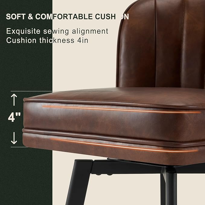 Swivel Counter Height Bar Stools Set of 2, 30'' Modern Barstools with Backs and Metal Legs, Upholstered Bar Chairs, Faux Leather Brown Stools for Kitchen Island Chairs