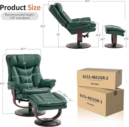 MCombo Oversized Swivel Recliner Chair with Ottoman, Adjustable Backrest, 360° Wood Base, High Seat, Faux Leather Lounge Chair for Tall Users in Living Room, Bedroom, or Office 4651 (Green)
