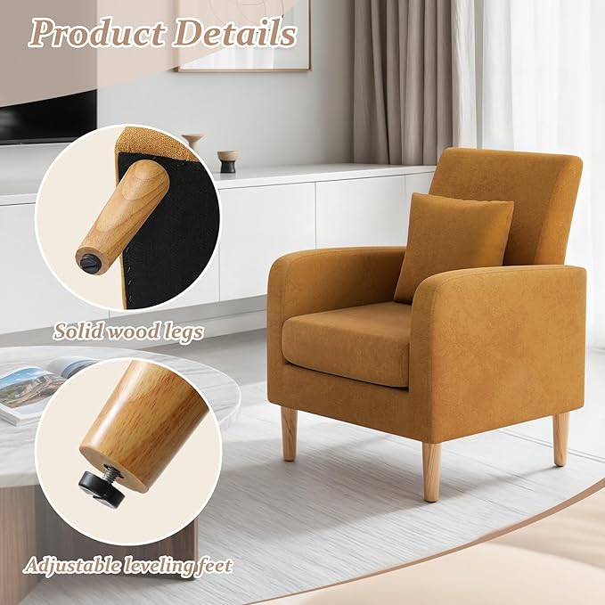 Athena Collection Armchair Modern Accent Chair Upholstered Sofa Chair with High Back, Linen Lounge Living Room Chair Single Reading Seat with Pillow & Thick Seat Cushion for Bedroom, Yellow