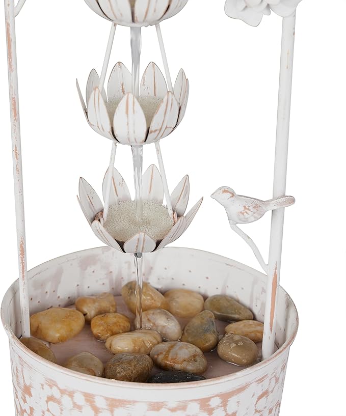 Alpine Corporation YHL866 30"" Metal Rustic Water Fountain with Decorative Flower – Cascading Waterfall Feature for Gardens, Patios, and Outdoor Décor, White