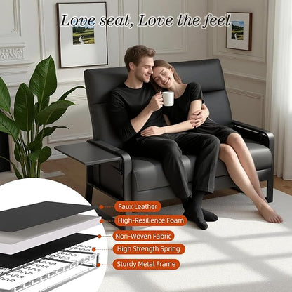 Faux Leather Sectional Couches for Living Room 3 Piece Loveseat and Chair Set with Flip Up Tray Tables Side Pockets Modern Modular Sectional Sofa for Office (2-Seat+1-Seat+1-Seat, Black)