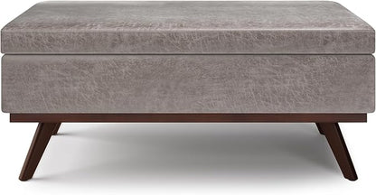 SIMPLIHOME Owen 42 inch Wide Mid Century Modern Rectangle Lift Top Large Coffee Table Storage Ottoman in Distressed Grey Vegan Faux Leather, Assembled, for the Living Room, Entryway and Family Room
