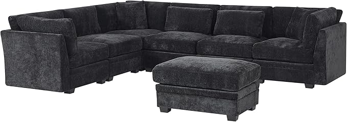 Christopher Knight Home Zery 7-Piece U-Shape Lounge Sofa Couch with Ottomans, Modern Modular Sectional Sofa Set with Pillow Back for Living Room, Chenille Upholstered Cloud Couch with Deep Seat,Black