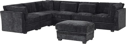 Christopher Knight Home Zery 7-Piece U-Shape Lounge Sofa Couch with Ottomans, Modern Modular Sectional Sofa Set with Pillow Back for Living Room, Chenille Upholstered Cloud Couch with Deep Seat,Black