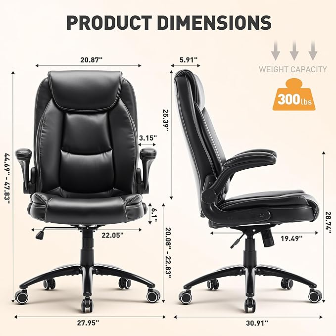 Ergonomic PU Leather Office Chair with Flip-Up Armrests, Reclining Backrest, Adjustable Height & Tilt Tension, Thick Padded Seat, Breathable Leather, 300LBS Capacity Executive Desk Chair,Black
