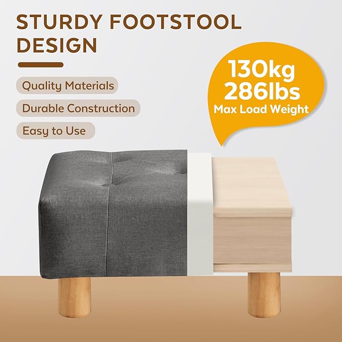 Small Foot Stool Ottoman, Linen Footstool Ottoman Foot Rest for Couch, Rectangle Footstools and Ottomans Small for Living Room, Entryway and Bedroom (Gray)