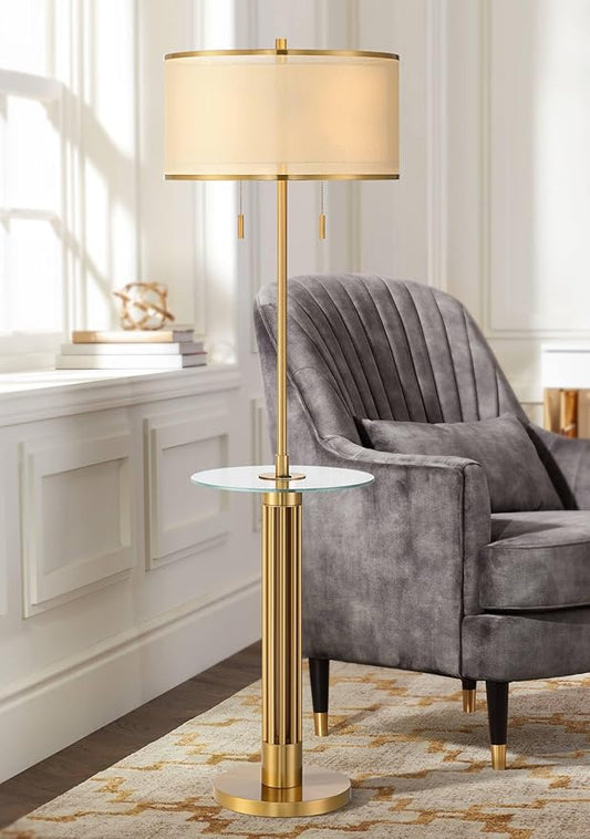 Possini Euro Design Granview Mid Century Modern 66" Tall Standing Floor Lamp with Glass Table USB Port Gold Metal Warm Brass Finish Living Room Bedroom House Reading Office Home Decor Entryway