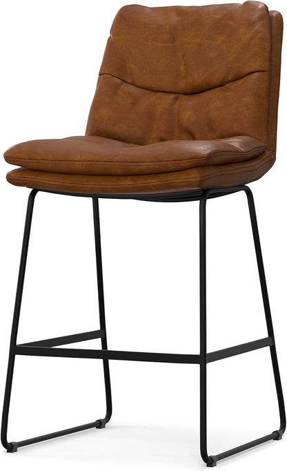 SIMPLIHOME Danika Counter Stools (Set of 2) - 24 Inch Seat Height Upholstered Metal Kitchen Seats in Camel Brown Vegan Faux Leather, Mid Century Modern Seating with Tufted Design and Footrest