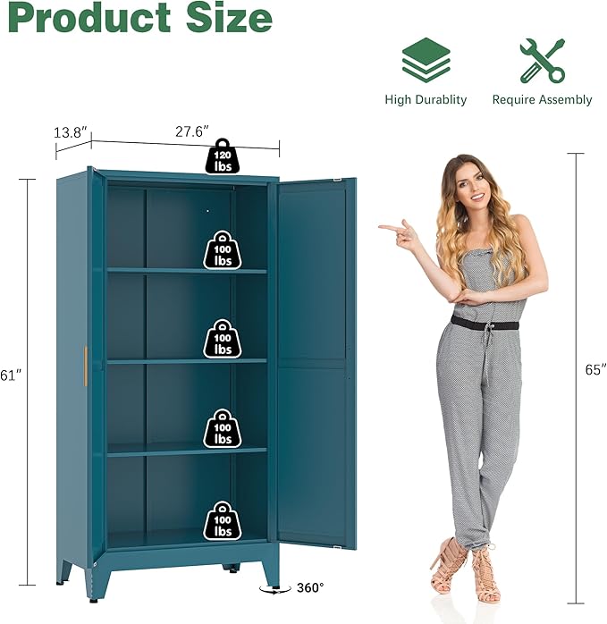 Bathroom Storage Cabinet Freestanding, 61" Tall Metal Cabinets with Doors and Shelves, Blue Metal Pantry Cabinet for Kitchen, Living Room, Home Office