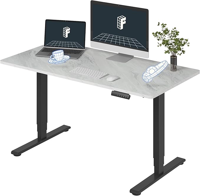FLEXISPOT E6 3 Stages Dual Motor Electric Standing Desk 55x28 Inch Whole-Piece Board Height Adjustable Electric Sit Stand Desk(Black Frame + Marble Grey Desktop, 2 Packages)