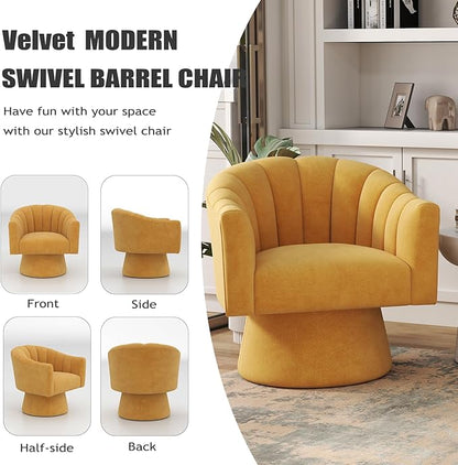 Swivel Accent Chair Set of 2, Upholstered Velvet 360° Swivel Barrel Chair for Living Room Overstuffed Bouncle Reading Chair Round Armchair for Bedroom,Vanity,Office (Mustard)