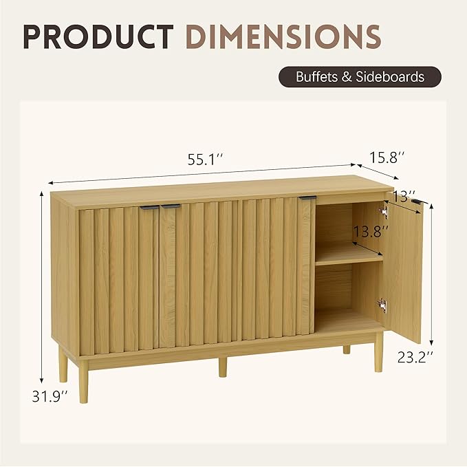 Buffet Cabinet with Storage, Sideboard Cabinet with Fluted Door, Kitchen Buffet Storage Cabinets with Adjustable Shelves, Sideboard Cabinets for Living Room, Entry, Hallway, Natural