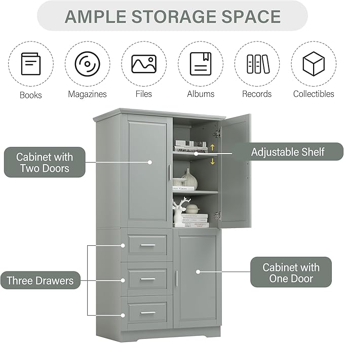 Merax 62.2" Wide Storage Cabinet Pantry Cupboard with Doors and Drawers for Home Kitchen, Bathroom and Living Room, Adjustable Shelf, White