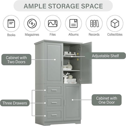 Merax 62.2" Wide Storage Cabinet Pantry Cupboard with Doors and Drawers for Home Kitchen, Bathroom and Living Room, Adjustable Shelf, White