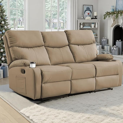 3-Seater Manual Seater Reclining Anti-Scratch 3 Seat Reclining Sofa with Side Pocket and Cupholders Reclining Loveseat Sofa for Living Room Meeting Room Bedroom Office Apartment