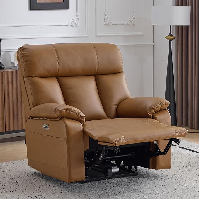 AEDI 450lbs Genuine Leather Power Recliner Chair for Big and Tall Adults Oversized Electric Reclining Sofa for Living Room,Extra Wide 27" Seat,USB Charging(Top Grain Leather,Camel)